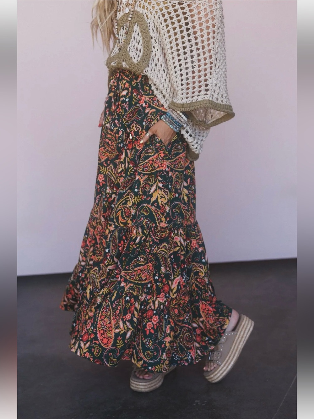 New: Three Bird Nest “Happy Tiers” Boho Mixed Print Tiered Flowy Maxi Skirt• S - Picture 3 of 9